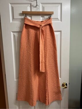 Free People Women's Ribbed Knit Skirt with Tie Waist - Coral Orange
